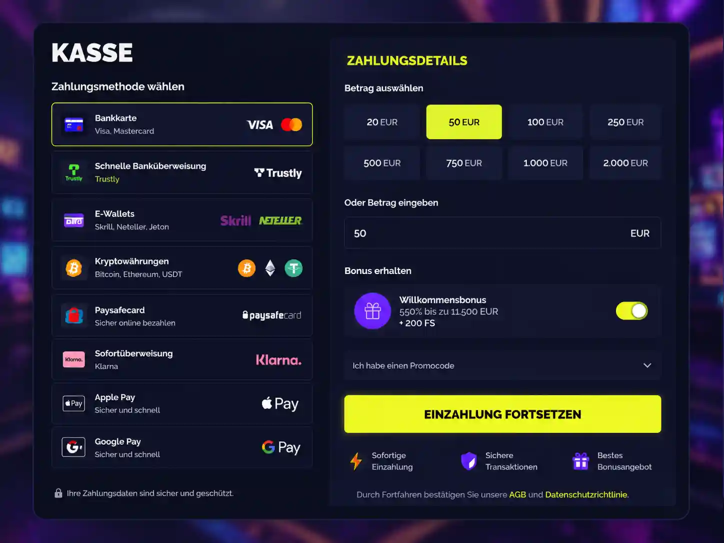 Kassenbereich von Goldbet Casino mit Zahlungsmethoden