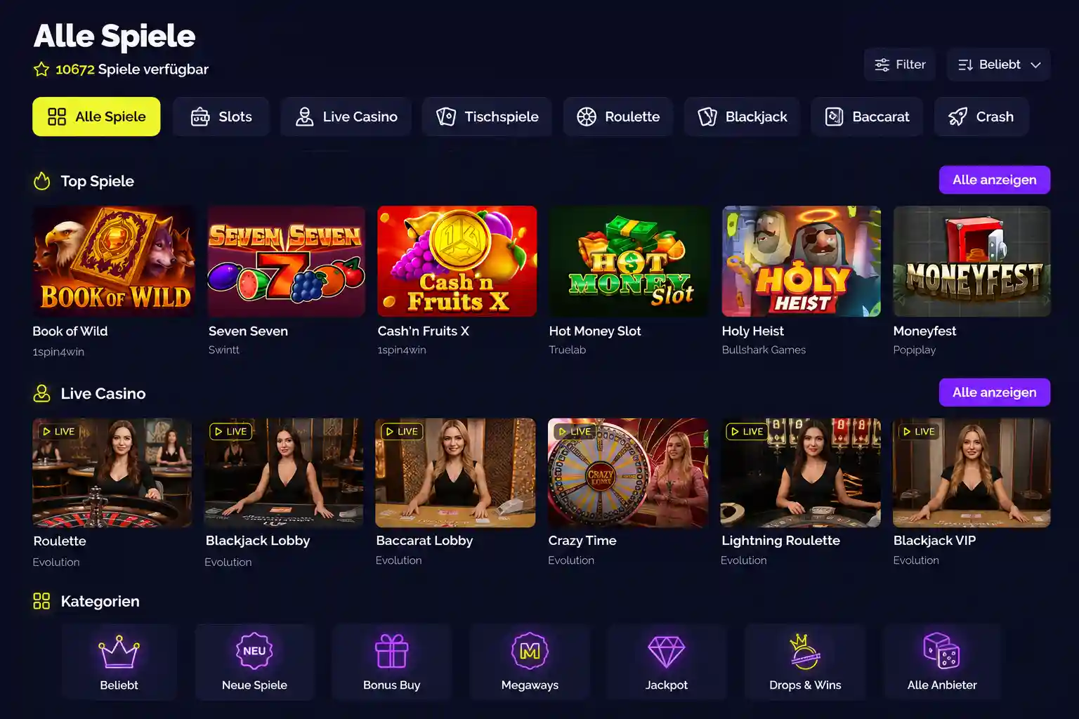 Spiellobby von Goldbet Casino mit Slots und Live-Spielen