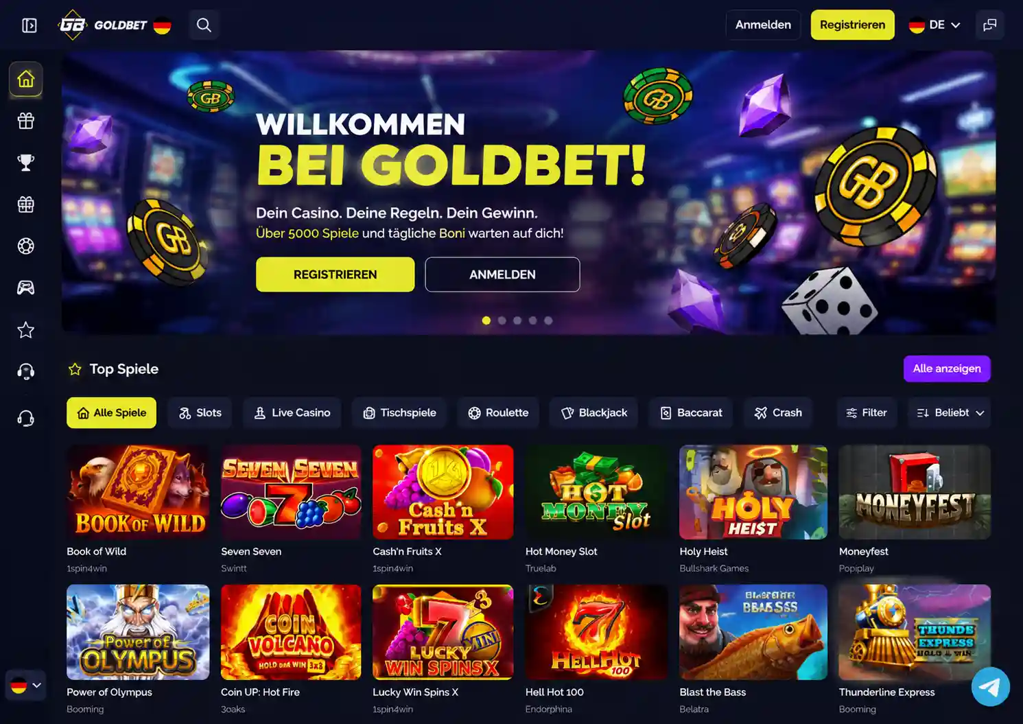 Goldbet Casino Startseite mit Willkommensbanner