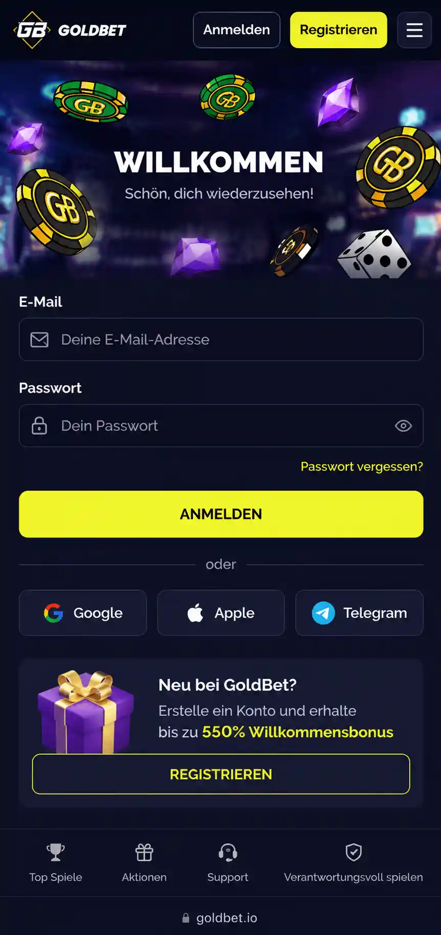 Login-Bereich von Goldbet Casino auf dem Smartphone