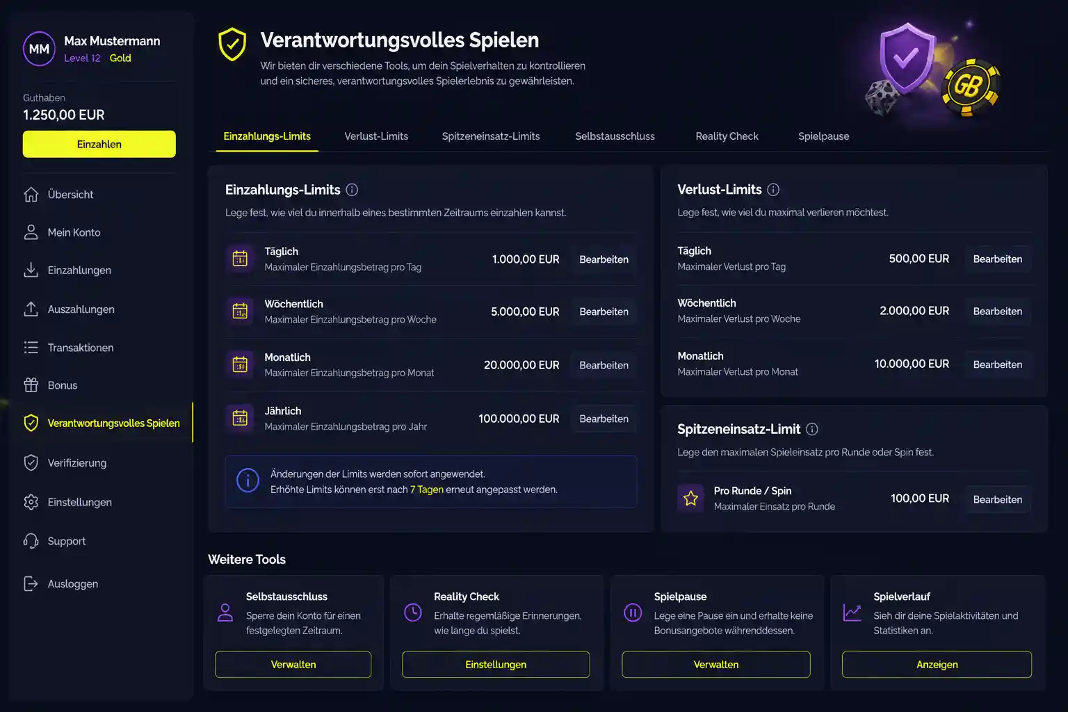 Einstellungen für verantwortungsvolles Spielen bei Goldbet Casino